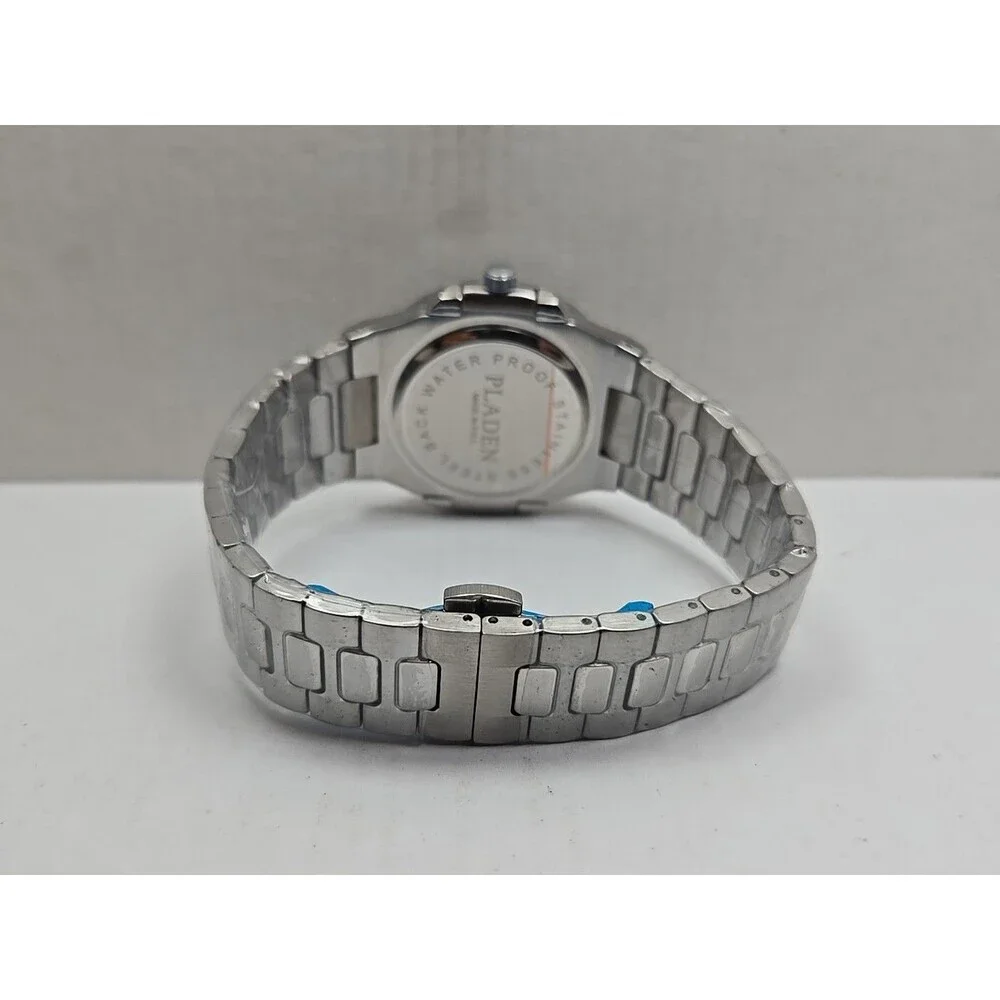 PLADEN Geneva Blue Dial Stainless Steel Date Quartz Watch New Battery Mens